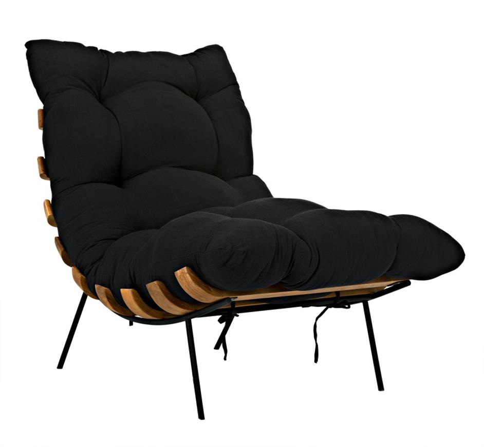 Hanzo Teak Chair with Industrial Steel Legs and Black Cotton Cushion, Satin Finish by Noir Furniture