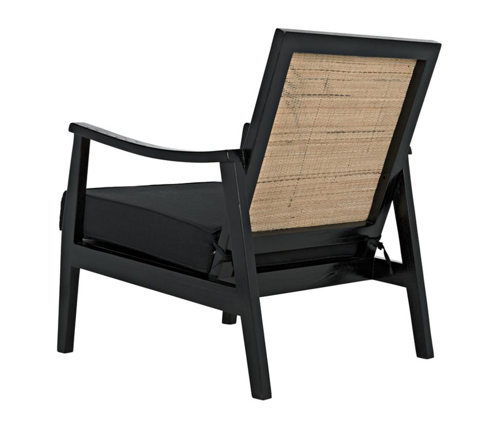Lichtenstein Sungkai and Mindi Wood Chair with Peeled Rattan Detailing in Charcoal Black with Black Cotton Upholstery by Noir Furniture