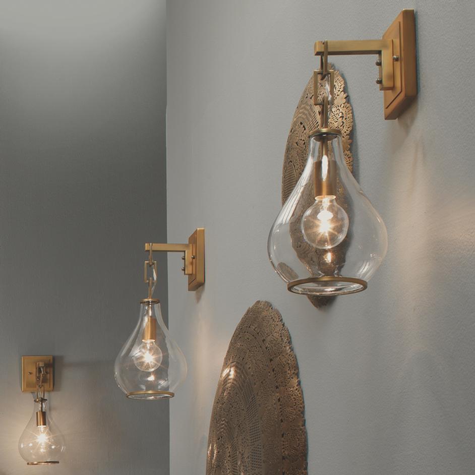 Tear Drop Hanging Wall Sconce, Clear Glass and Antique Brass by Jamie Young