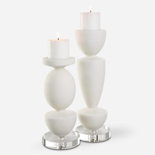 Lido White Stone Candleholders, Set/2 by Uttermost