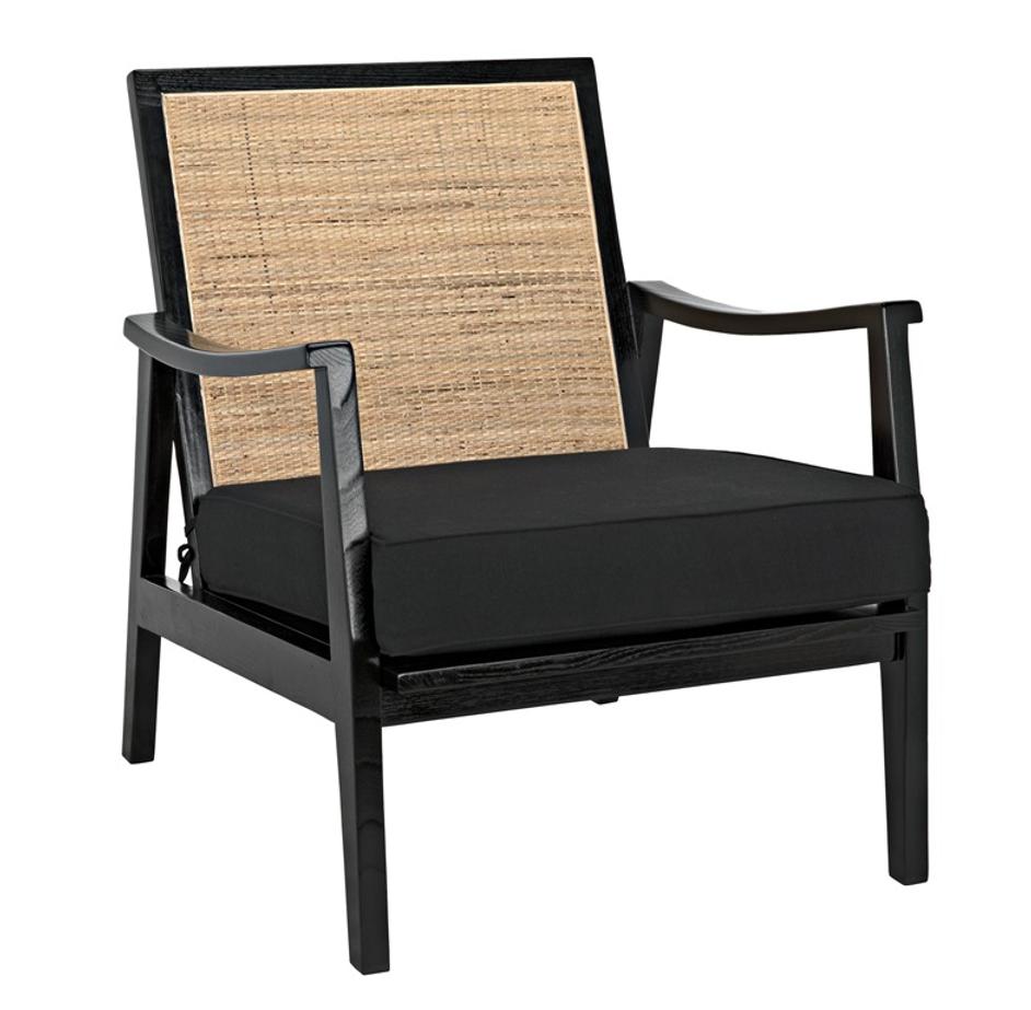 Lichtenstein Sungkai and Mindi Wood Chair with Peeled Rattan Detailing in Charcoal Black with Black Cotton Upholstery by Noir Furniture