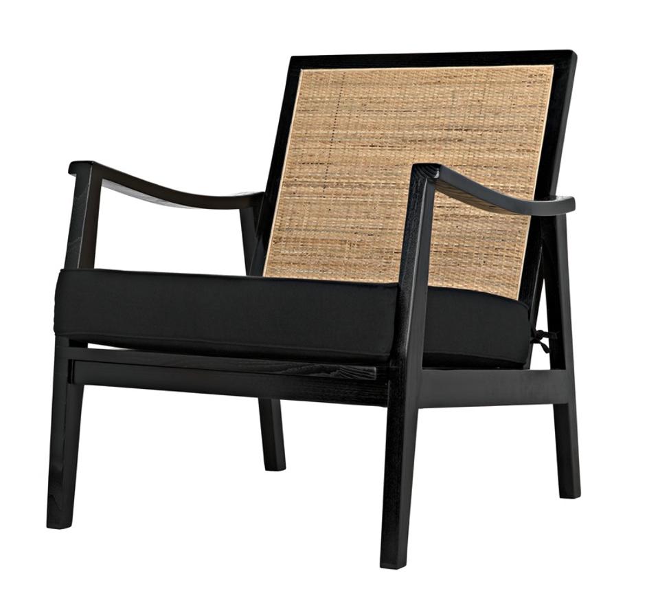 Lichtenstein Sungkai and Mindi Wood Chair with Peeled Rattan Detailing in Charcoal Black with Black Cotton Upholstery by Noir Furniture