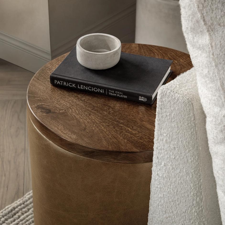 Andra Leather Round Accent Table - Chestnut by Classic Home