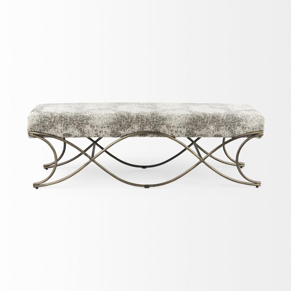 Ayla 55L x 17.6W x 18H Light and Dark Gray Fabric Seat W/ Antique Gold Metal Frame Bench by Mercana