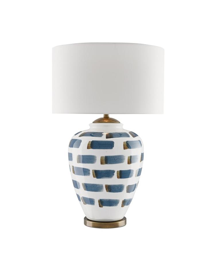 Brushstroke Table Lamp In White & Blue & Antique Brass by Currey & Company