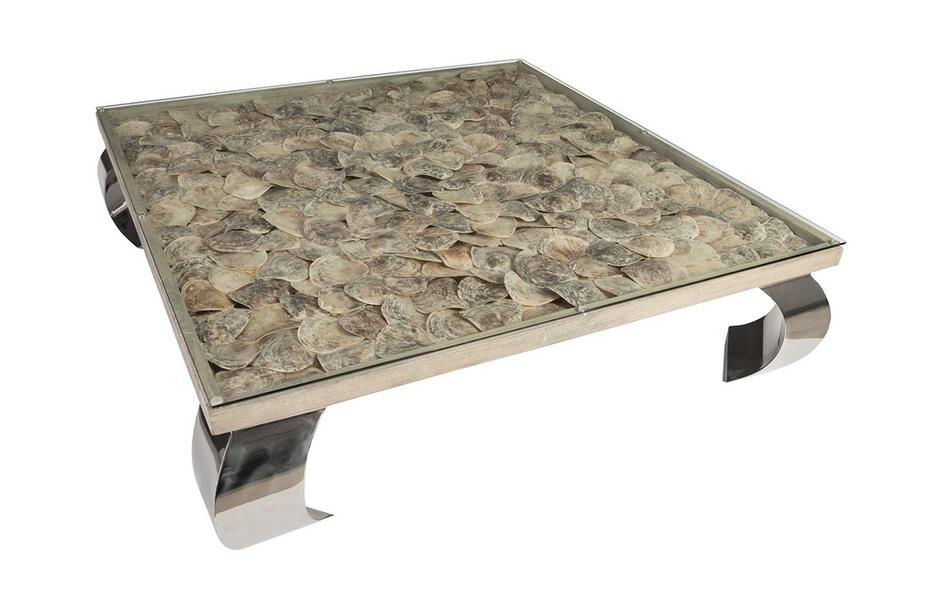 Shell Coffee Table, Glass Top, Ming Stainless Steel Legs by PHILLIPS COLLECTION