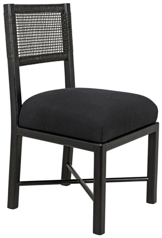 Lobos Sungkai and Mindi Chair with Woven Leather Backrest in Charcoal Black with Black Cotton Upholstery by Noir Furniture