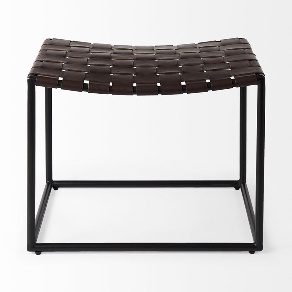Clarissa 22.0L x 16.0W x 16.5H Brown Leather Woven Seat W/ Black Metal Frame Stool by Mercana
