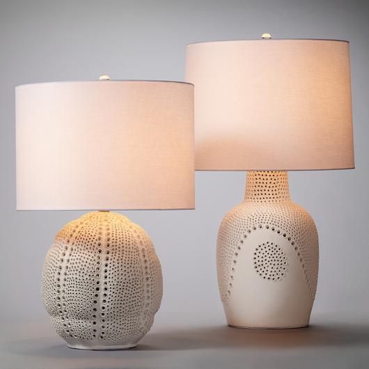 Lunar Polyresin Table Lamp with Linen Shade, White by Jamie Young