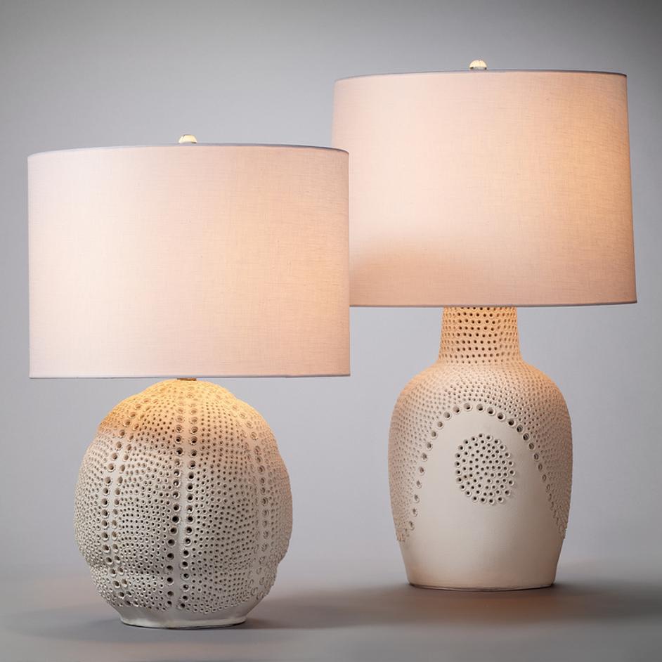 Lunar Polyresin Table Lamp with Linen Shade, White by Jamie Young