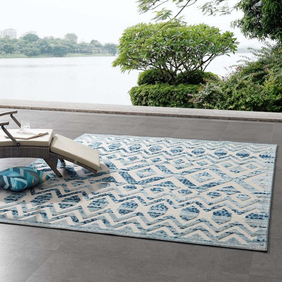 Burket Tamako Diamond And Chevron Moroccan Trellis 8X10 Indoor / Outdoor Area Rug In Ivory And Blue by Modway Furniture