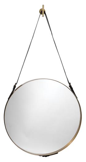 Round Steel Round Wall Mirror, Antique Brass and Black Leather Strap by Jamie Young