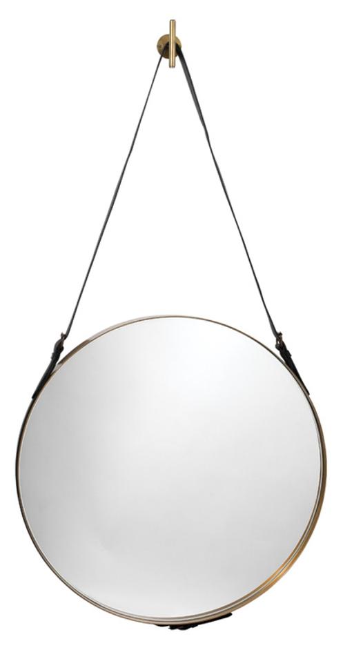 Round Steel Round Wall Mirror, Antique Brass and Black Leather Strap by Jamie Young