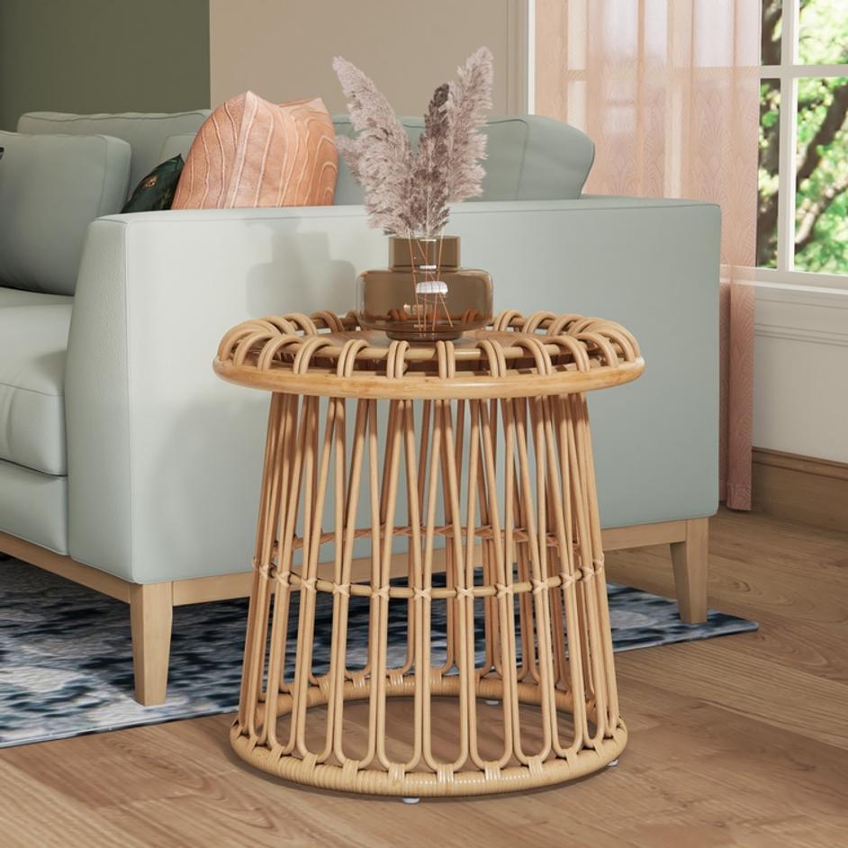 Galia Rattan Round Side/ End Table w/ Wood Top, Honey by New Pacific Direct