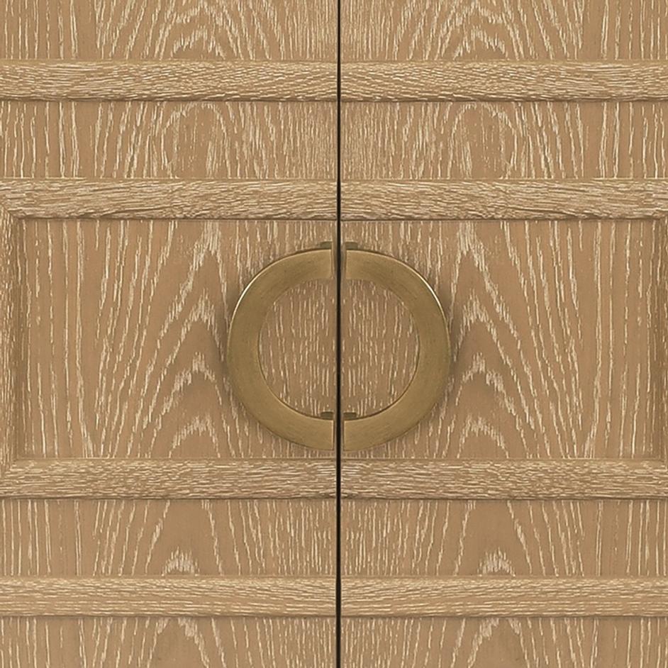 BATH VANITY IN CERUSED OAK WITH ANTIQUE BRASS CIRCLE HARDWARE, WHITE MARBLE TOP, AND PORCELAIN SINK by worlds away