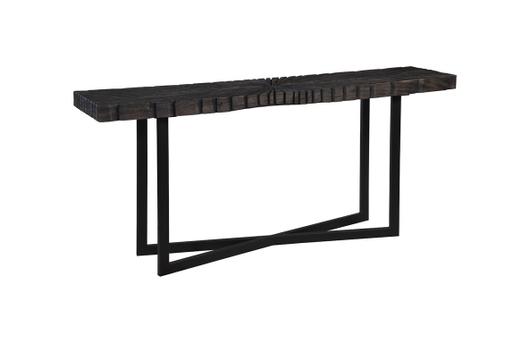 Chainsaw Console Table, Burnt Black, Black Iron Cross Base by PHILLIPS COLLECTION