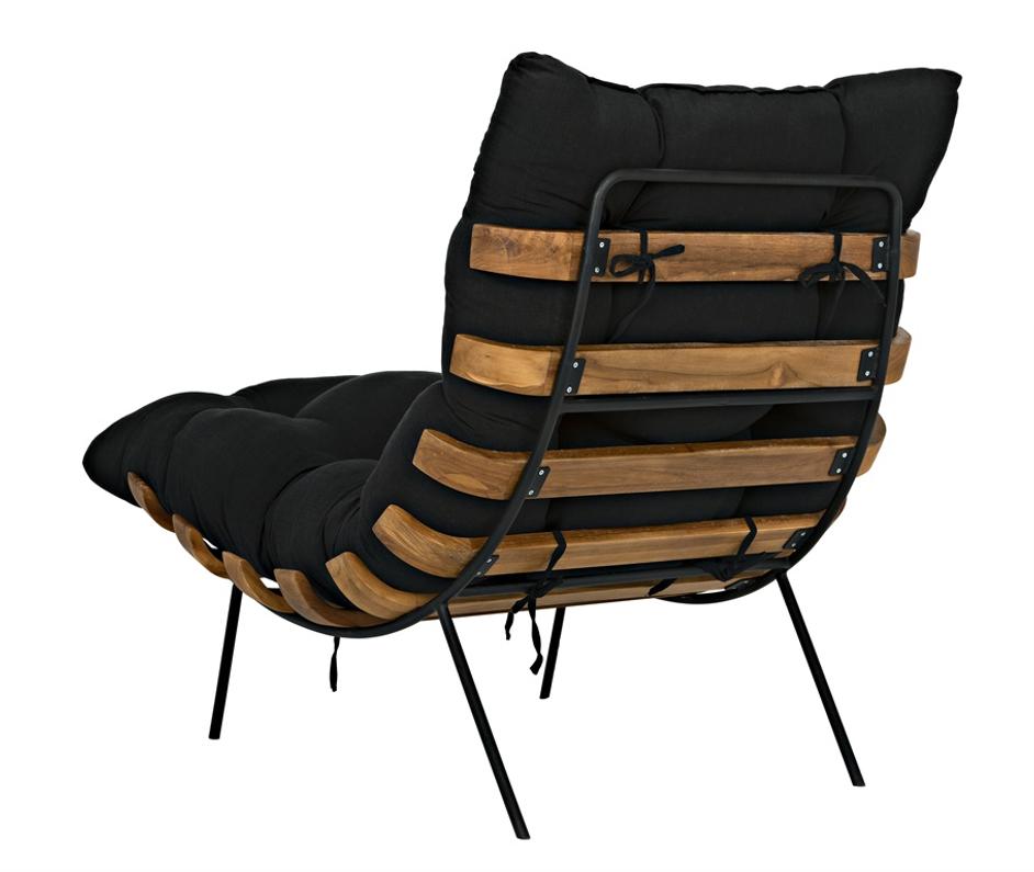 Hanzo Teak Chair with Industrial Steel Legs and Black Cotton Cushion, Satin Finish by Noir Furniture