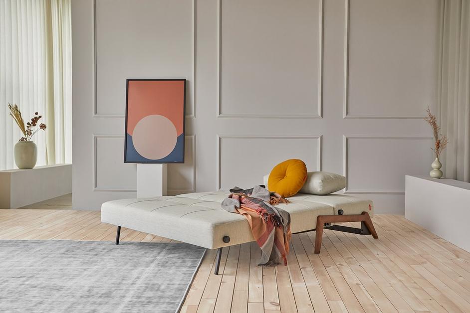 CUBED FULL SOFA BED in MIXED DANCE NATURAL FABRIC WITH Dark Wood LEGS 527 by INNOVATION USA