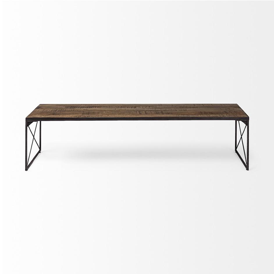 Trestman III 66L x 18W Brown Wood Top W/Black Iron Base Accent Bench by Mercana