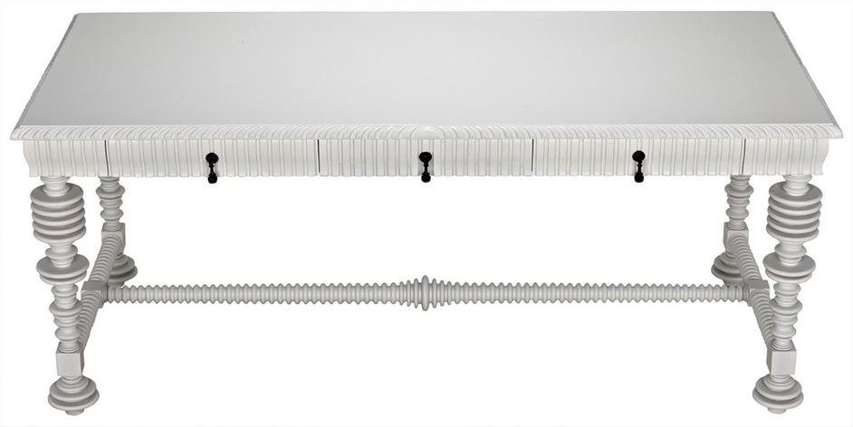 Portuguese Desk in Solid White Mahogany and Veneer with Brass Pulls by Noir Furniture