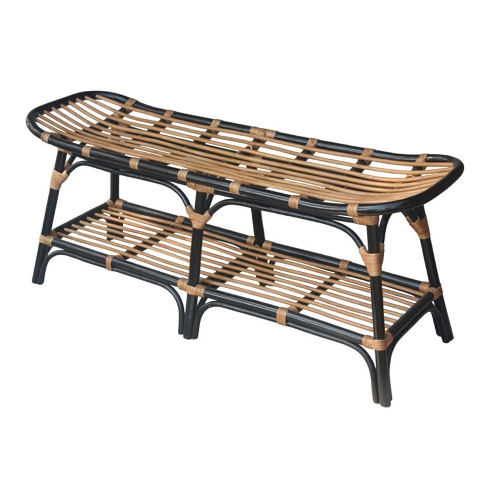 Damara Rattan Bench w/ Shelf In Black  by New Pacific Direct