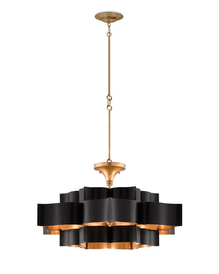 Grand Lotus Black Large Chandelier In Satin Black & Contemporary Gold Leaf by Currey & Company