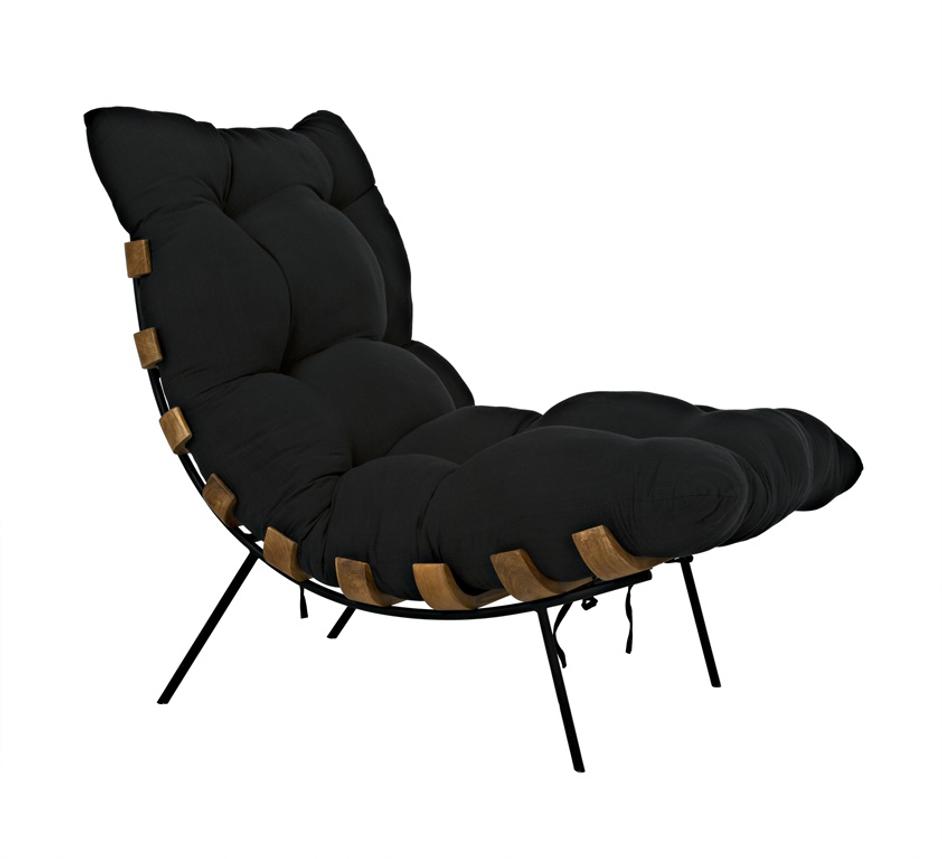 Hanzo Teak Chair with Industrial Steel Legs and Black Cotton Cushion, Satin Finish by Noir Furniture