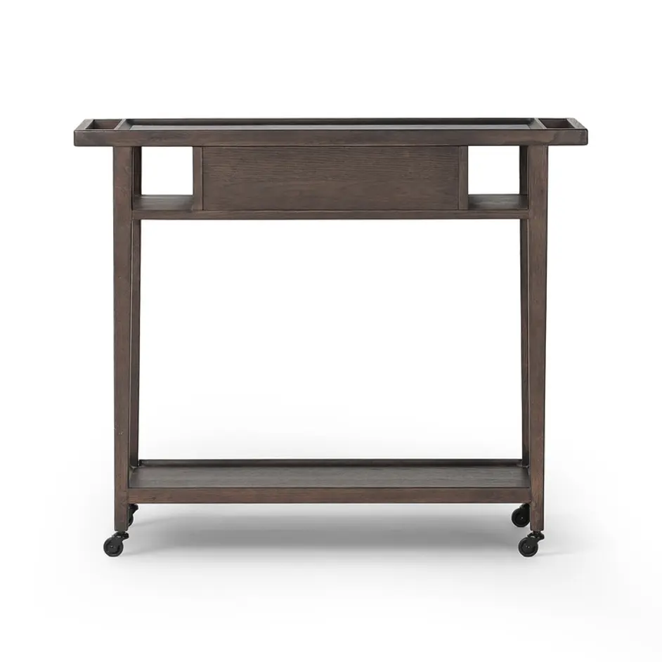 Dorrit Bar Cart In Brown Oak-Honed White Marble-Smooth Black Metal by Four Hands