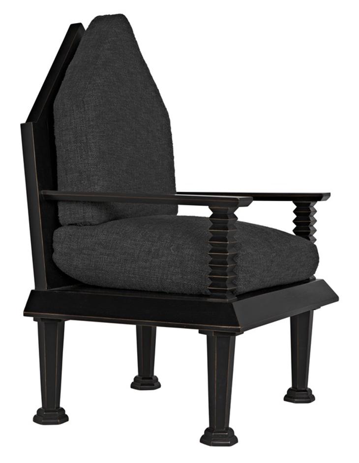 Resurrection Mahogany Chair with Grey Fabric Cushions in Hand-Rubbed Black Finish by Noir Furniture