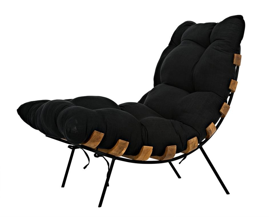 Hanzo Teak Chair with Industrial Steel Legs and Black Cotton Cushion, Satin Finish by Noir Furniture