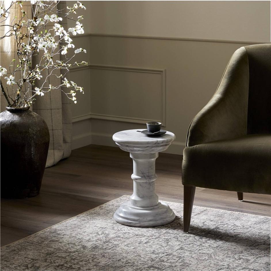 Cyprus End Table - Veined White Marble Solid by Four Hands