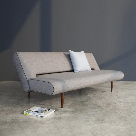 UNFURL SOFA BED in MIXED DANCE GREY FABRIC WITH Dark Wood LEGS 521 by INNOVATION USA