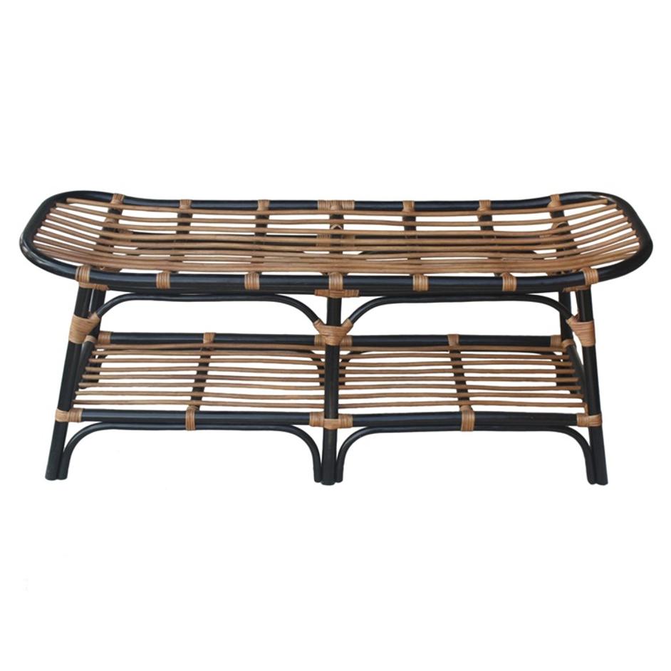 Damara Rattan Bench w/ Shelf In Black  by New Pacific Direct