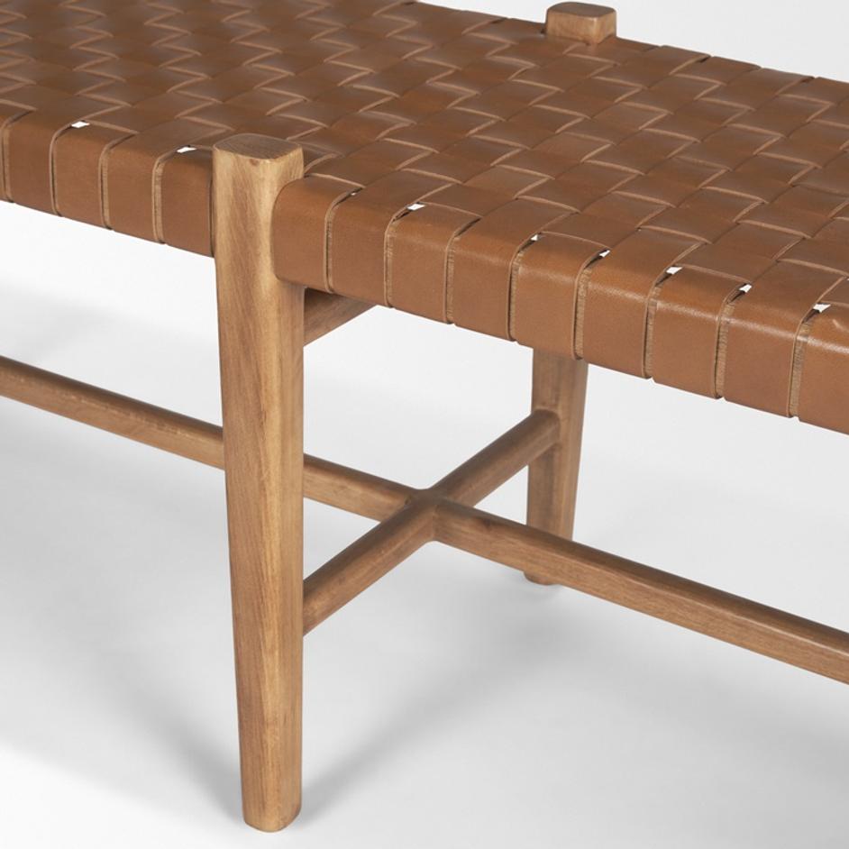 Shane Brown Wood w/ Woven Brown Leather Bench by Mercana