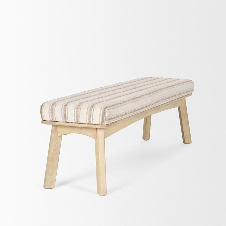 Taimo White Washed Light Brown Wood w/ Striped Fabric Seat Bench by Mercana