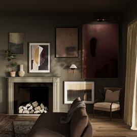 Modern living room with elegant decor, featuring a fireplace, artwork, and comfortable seating.