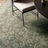 Vintage green area rug with intricate pattern laid on a wooden floor, next to a cushioned chair and round table.