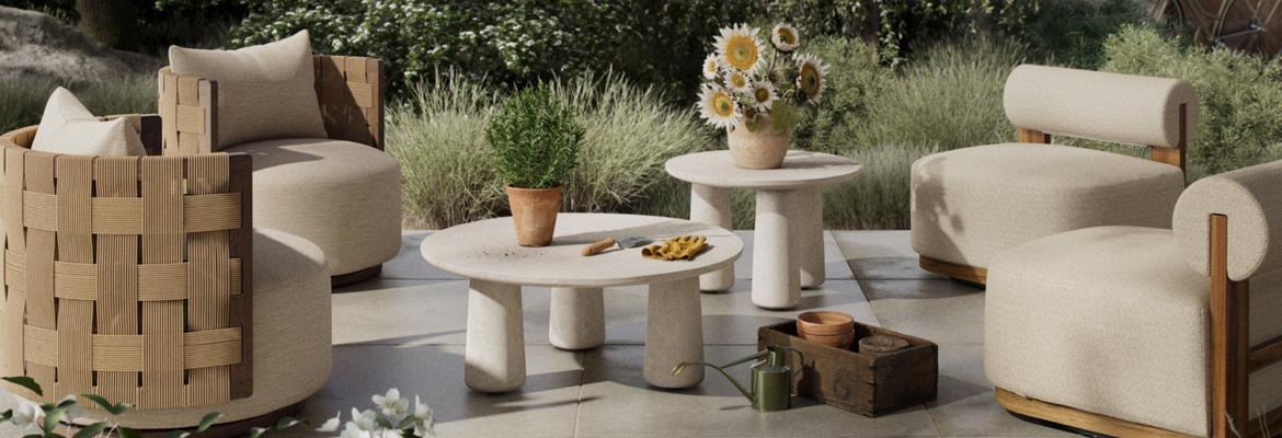 Natural outdoor patio furniture set with wooden accents and beige cushions, featuring a coffee table and decorative plants.