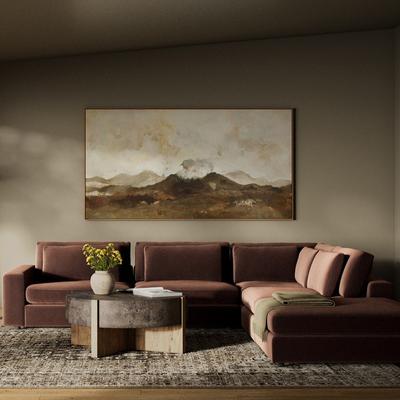 Modern brown sectional sofa set with cushions in a stylish living room, featuring a wooden coffee table and abstract wall art.