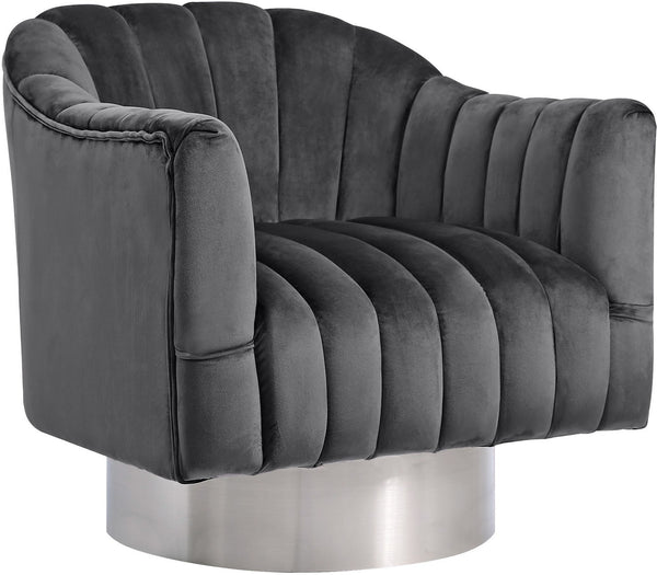 Noel Accent Chair In Grey Velvet And Chrome Swivel Base