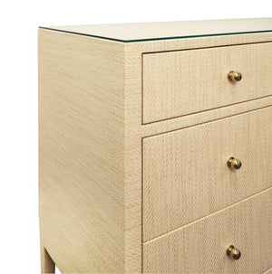 FOUR DRAWER CHEST IN NATURAL GRASSCLOTH WITH GLASS TOP