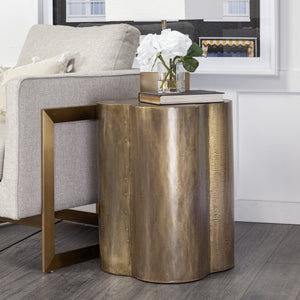 Quatrefoil 18L x 18W Gold Flower W/ Wooden Top Brass Cladding Accent Table