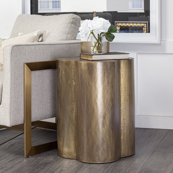 Quatrefoil 18L x 18W Gold Flower W/ Wooden Top Brass Cladding Accent Table
