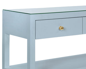 THREE DRAWER CONSOLE WITH TWO OPEN SHELVES IN TEXTURED LIGHT BLUE LINEN WITH POLISHED BRASS KNOBS