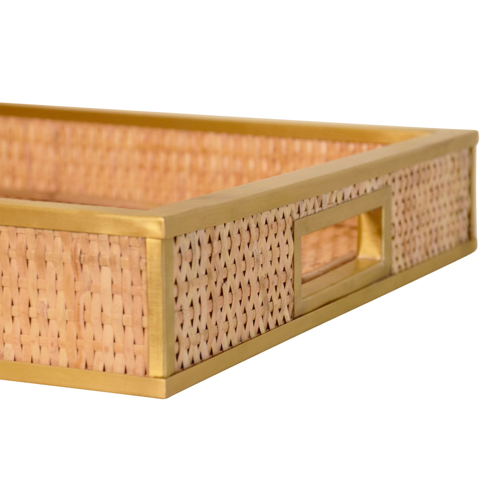 RECTANGULAR NATURAL WICKER RATTAN TRAY WITH FRAMED BRASS EDGE