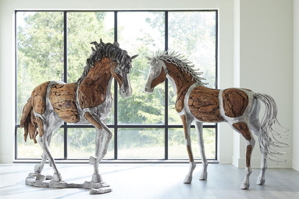 Mustang Horse Woodland Sculpture On Base, Walking