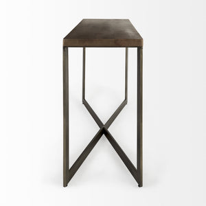Faye 50L x 15W x 30H Medium Brown Wood W/Antique Nickel Metal Base Console Table