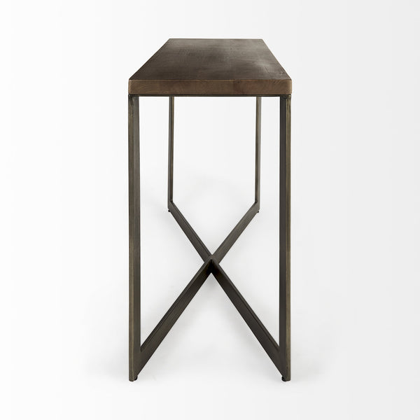 Faye 50L x 15W x 30H Medium Brown Wood W/Antique Nickel Metal Base Console Table