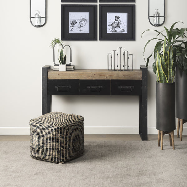Aalia 16.0L x 16.0W x 16.0H Charcoal Leather and Jute Pouf