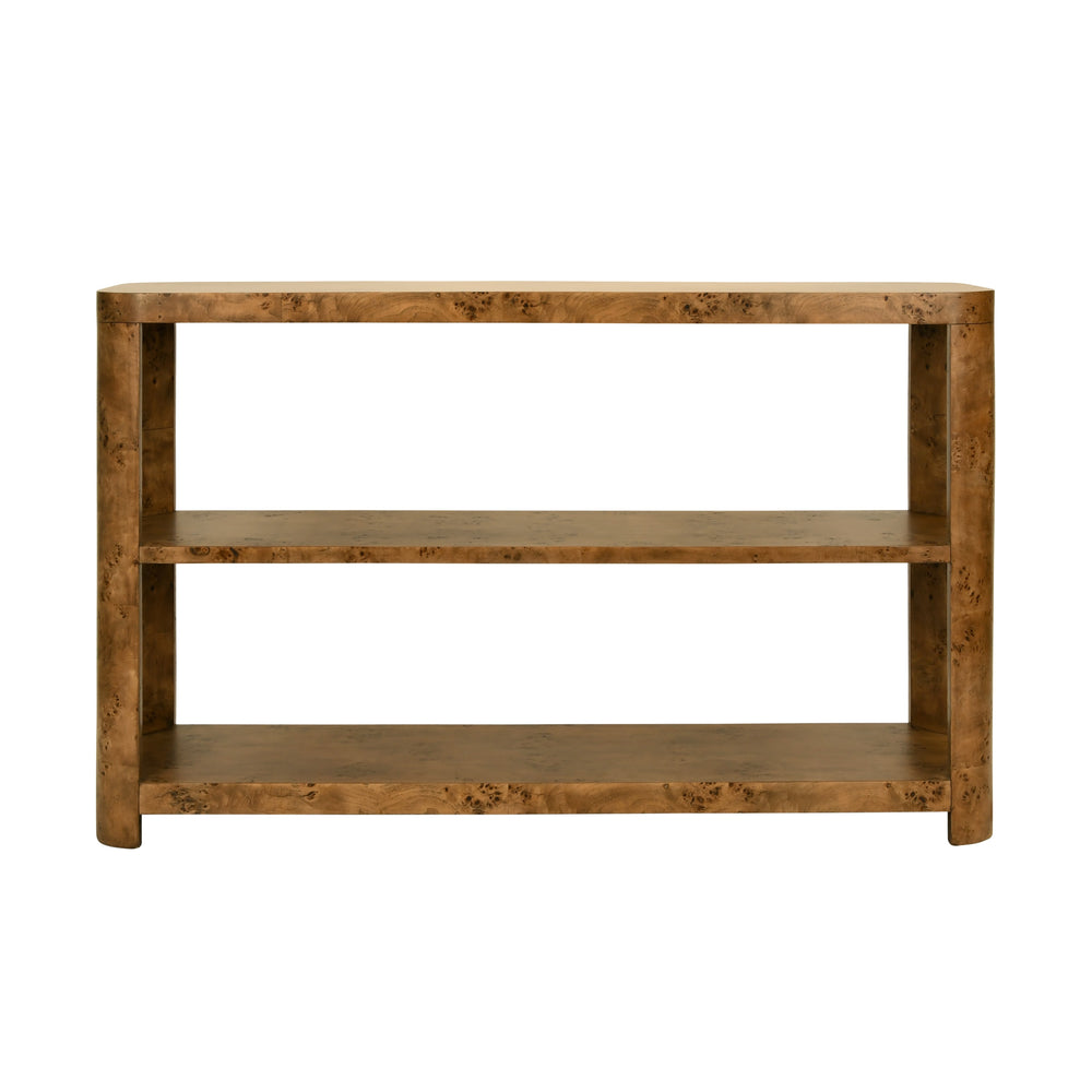 TIER TIER CONSOLE WITH CURVED CORNERS IN DARK BURL WOOD